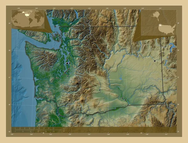 Washington Stati Uniti America Mappa Elevazione Colorata Con Laghi Fiumi — Foto Stock