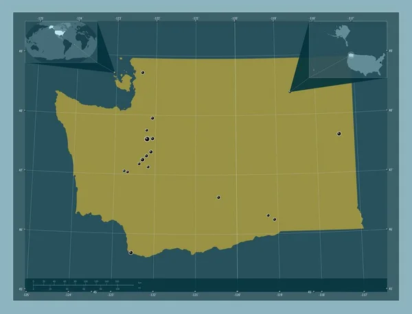 美国华盛顿州Washington State America 固体的颜色形状 该区域主要城市的所在地点 角辅助位置图 — 图库照片