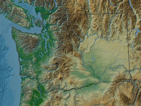 Washington, state of United States of America. Colored elevation map with lakes and rivers