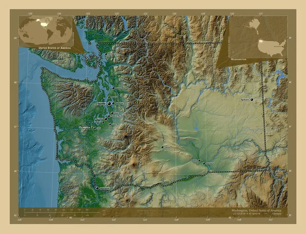 Washington Verenigde Staten Van Amerika Gekleurde Hoogtekaart Met Meren Rivieren — Stockfoto