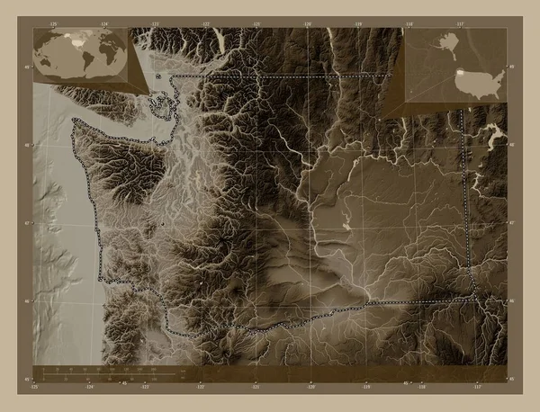 워싱턴주 미국의 세피아 색으로 지도는 호수와 강으로 울려퍼진다 Corner Auxiliary — 스톡 사진