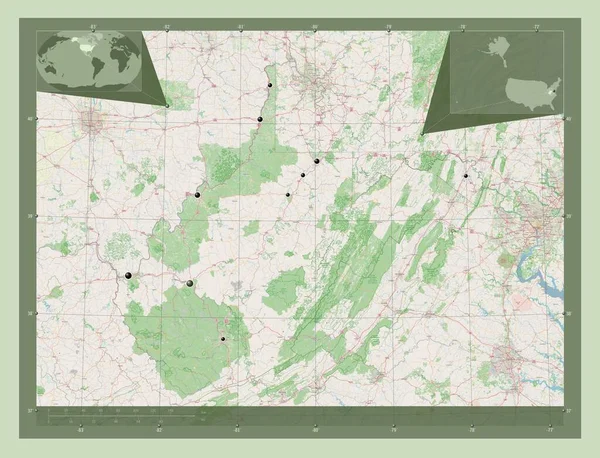 西维吉尼亚 美利坚合众国州 开放街道地图 该区域主要城市的所在地点 角辅助位置图 — 图库照片