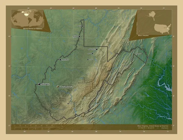 西维吉尼亚 美利坚合众国州 有湖泊和河流的彩色高程图 该区域主要城市的地点和名称 角辅助位置图 — 图库照片