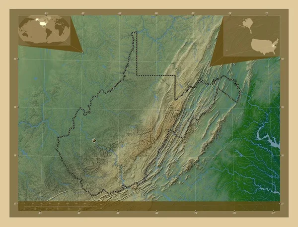 西维吉尼亚 美利坚合众国州 有湖泊和河流的彩色高程图 角辅助位置图 — 图库照片