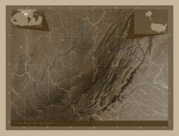 Західна Вірджинія Штат Сша Висота Карти Забарвлена Сепії Тонів Озерами — стокове фото