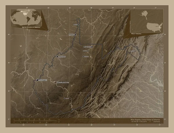 ウェストバージニア州 アメリカ合衆国の州 湖や川とセピアトーンで着色された標高マップ 地域の主要都市の位置と名前 コーナー補助位置図 — ストック写真
