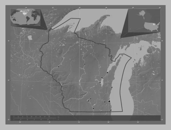 美国威斯康星州 带有湖泊和河流的灰度高程图 该区域主要城市的所在地点 角辅助位置图 — 图库照片