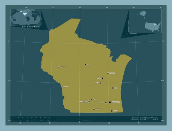 ウィスコンシン州 アメリカ合衆国の州 しっかりした色の形 地域の主要都市の位置と名前 コーナー補助位置図 — ストック写真