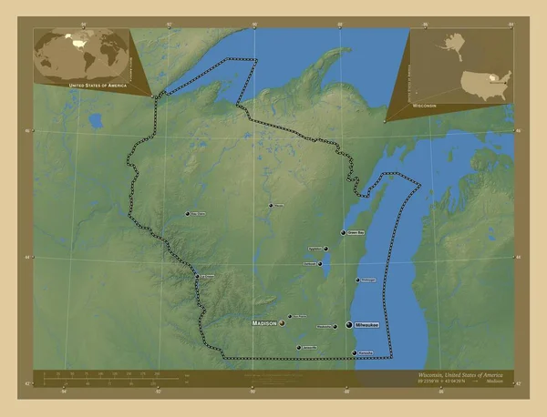 ウィスコンシン州 アメリカ合衆国の州 湖や川と色の標高マップ 地域の主要都市の位置と名前 コーナー補助位置図 — ストック写真