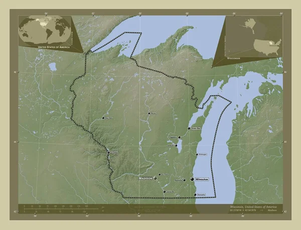 ウィスコンシン州 アメリカ合衆国の州 湖や川とWikiスタイルで着色された標高マップ 地域の主要都市の位置と名前 コーナー補助位置図 — ストック写真