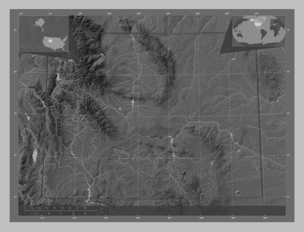Wyoming Amerikai Egyesült Államok Szürkeárnyas Térkép Tavakkal Folyókkal Saroktérképek Kiegészítő — Stock Fotó