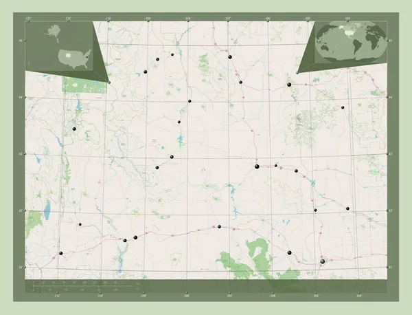 美国怀俄明州 开放街道地图 该区域主要城市的所在地点 角辅助位置图 — 图库照片