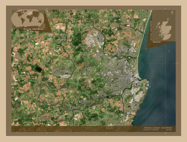 阿伯丁 苏格兰地区 大不列颠 低分辨率卫星地图 该区域主要城市的地点和名称 角辅助位置图 — 图库照片