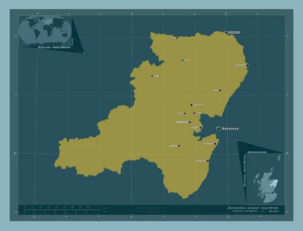 アバディーンシャー スコットランドの地域 イギリス しっかりした色の形 地域の主要都市の位置と名前 コーナー補助位置図 — ストック写真