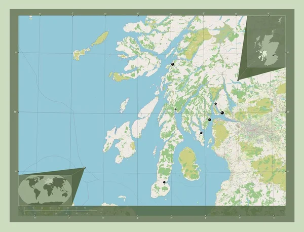 アーガイルとビュート スコットランドの地域 イギリス ストリートマップを開く 地域の主要都市の場所 コーナー補助位置図 — ストック写真