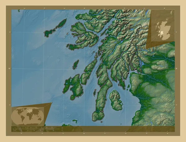 Argyll和Bute 苏格兰地区 大不列颠 有湖泊和河流的彩色高程图 该区域主要城市的所在地点 角辅助位置图 — 图库照片