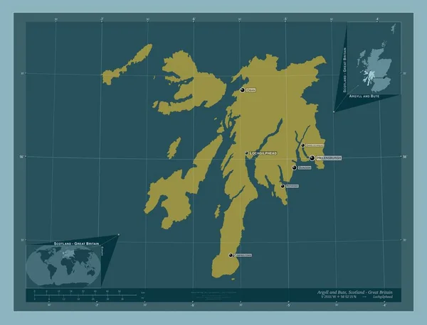 アーガイルとビュート スコットランドの地域 イギリス しっかりした色の形 地域の主要都市の位置と名前 コーナー補助位置図 — ストック写真