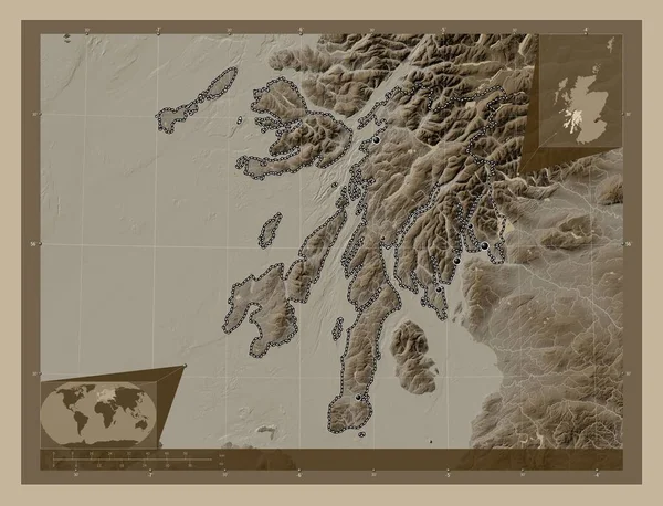 Argyll Bute Region Skotska Velká Británie Zdvihová Mapa Zbarvená Sépiovými — Stock fotografie