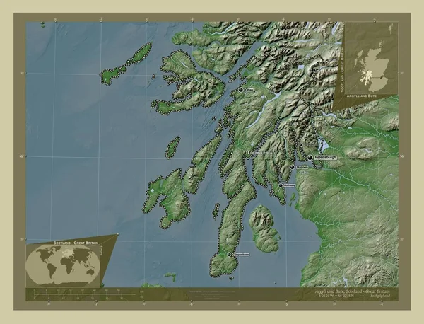 アーガイルとビュート スコットランドの地域 イギリス 湖や川とWikiスタイルで着色された標高マップ 地域の主要都市の位置と名前 コーナー補助位置図 — ストック写真