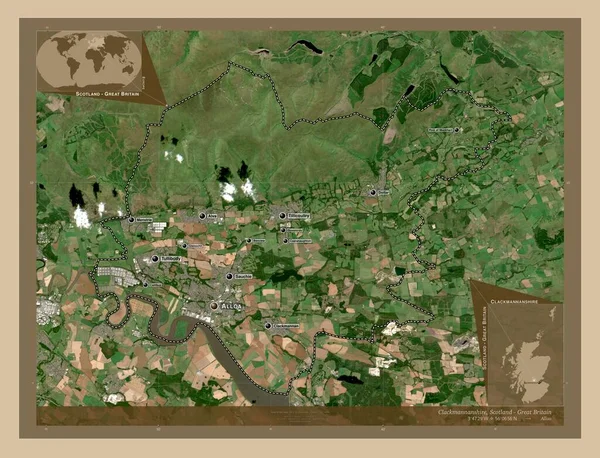克拉克曼南郡 苏格兰地区 大不列颠 低分辨率卫星地图 该区域主要城市的地点和名称 角辅助位置图 — 图库照片