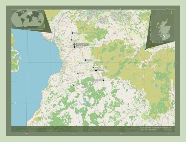 东Ayrshire 苏格兰地区 大不列颠 开放街道地图 该区域主要城市的地点和名称 角辅助位置图 — 图库照片