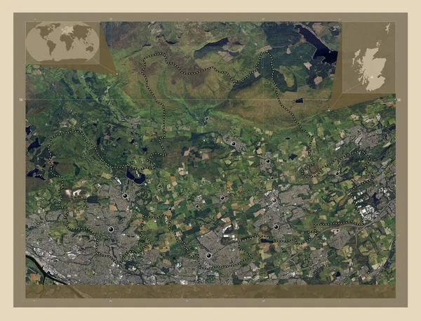東ダンバートンシャー スコットランドの地域 イギリス 高解像度衛星地図 地域の主要都市の場所 コーナー補助位置図 — ストック写真