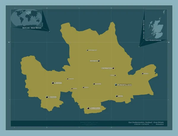 東ダンバートンシャー スコットランドの地域 イギリス しっかりした色の形 地域の主要都市の位置と名前 コーナー補助位置図 — ストック写真
