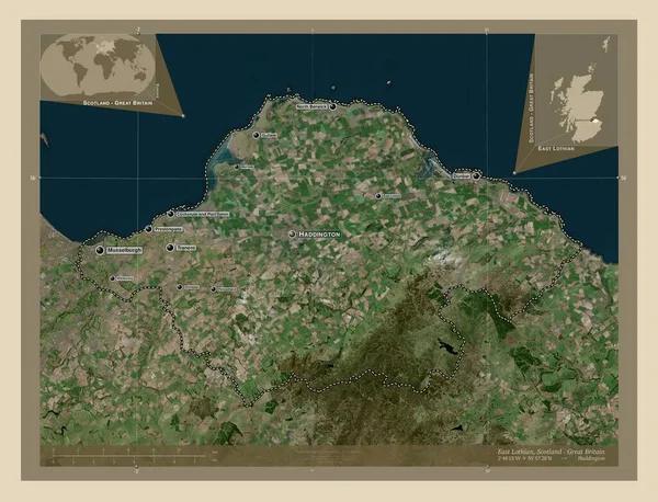 东洛桑 苏格兰地区 大不列颠 高分辨率卫星地图 该区域主要城市的地点和名称 角辅助位置图 — 图库照片