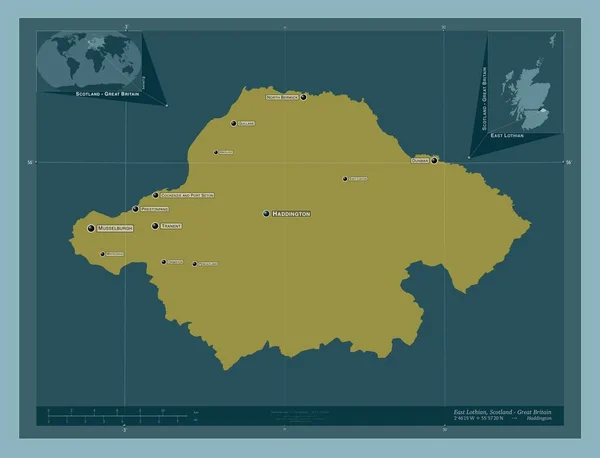 東ロシア スコットランドの地域 イギリス しっかりした色の形 地域の主要都市の位置と名前 コーナー補助位置図 — ストック写真