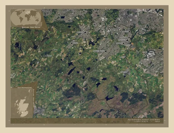 東Renfrewshire スコットランドの地域 イギリス 高解像度衛星地図 地域の主要都市の位置と名前 コーナー補助位置図 — ストック写真