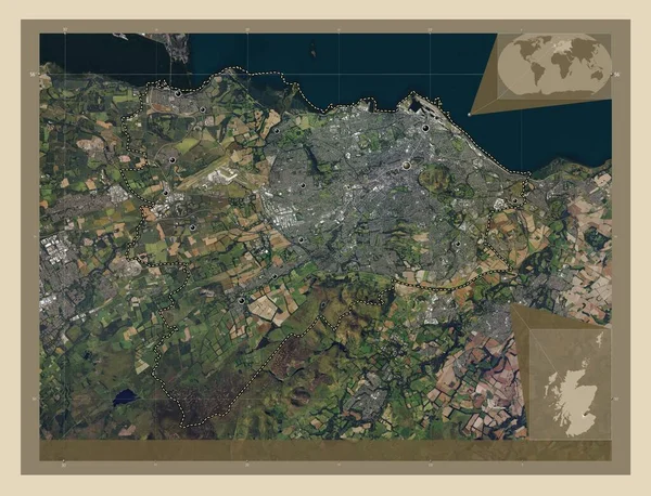 エディンバラ スコットランドの地域 イギリス 高解像度衛星地図 地域の主要都市の場所 コーナー補助位置図 — ストック写真