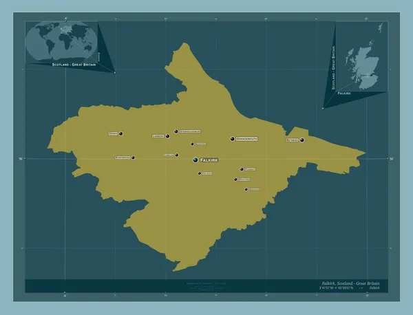スコットランドの地域 イギリス しっかりした色の形 地域の主要都市の位置と名前 コーナー補助位置図 — ストック写真