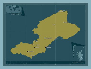 Fife, İskoçya bölgesi - Büyük Britanya. Katı renk şekli. Bölgenin büyük şehirlerinin yerleri ve isimleri. Köşedeki yedek konum haritaları