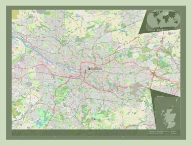 Glasgow, İskoçya bölgesi - Büyük Britanya. Açık Sokak Haritası. Bölgenin büyük şehirlerinin yerleri ve isimleri. Köşedeki yedek konum haritaları