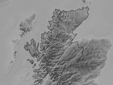 İskoçya, Büyük Britanya bölgesi. Gölleri ve nehirleri olan gri tonlama yükseklik haritası