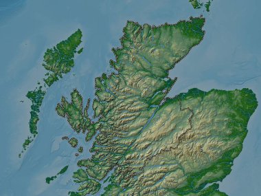 İskoçya, Büyük Britanya bölgesi. Gölleri ve nehirleri olan renkli yükseklik haritası