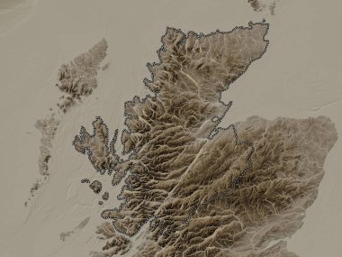 İskoçya, Büyük Britanya bölgesi. Yükseklik haritası sepya tonlarında göller ve nehirlerle renklendirilmiş