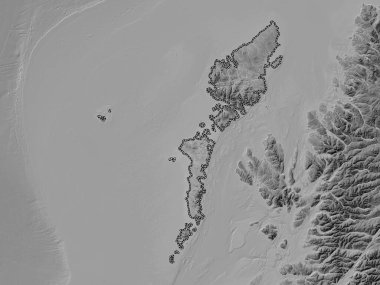 Na h-Eileanan Siar, İskoçya Bölgesi - Büyük Britanya. Gölleri ve nehirleri olan gri tonlama yükseklik haritası