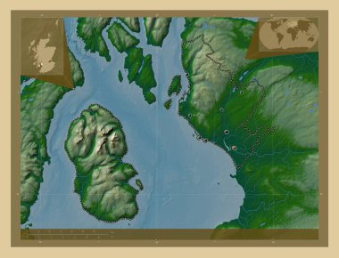 Kuzey Ayrshire, İskoçya bölgesi - Büyük Britanya. Gölleri ve nehirleri olan renkli yükseklik haritası. Bölgenin büyük şehirlerinin yerleri. Köşedeki yedek konum haritaları