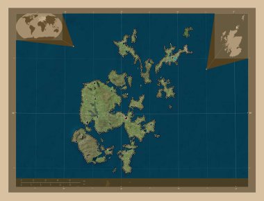 Orkney Adaları, İskoçya Bölgesi - Büyük Britanya. Düşük çözünürlüklü uydu. Bölgenin büyük şehirlerinin yerleri. Köşedeki yedek konum haritaları