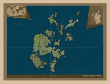 Orkney Adaları, İskoçya Bölgesi - Büyük Britanya. Düşük çözünürlüklü uydu. Bölgenin büyük şehirlerinin yerleri ve isimleri. Köşedeki yedek konum haritaları
