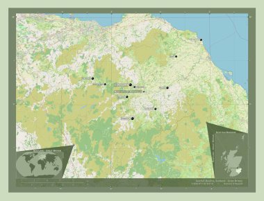 İskoçya sınırı, Büyük Britanya bölgesi. Açık Sokak Haritası. Bölgenin büyük şehirlerinin yerleri ve isimleri. Köşedeki yedek konum haritaları
