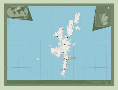 Shetland Adaları, İskoçya Bölgesi - Büyük Britanya. Açık Sokak Haritası. Bölgenin büyük şehirlerinin yerleri ve isimleri. Köşedeki yedek konum haritaları