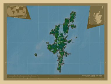 Shetland Adaları, İskoçya Bölgesi - Büyük Britanya. Gölleri ve nehirleri olan renkli yükseklik haritası. Bölgenin büyük şehirlerinin yerleri ve isimleri. Köşedeki yedek konum haritaları