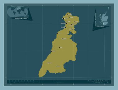 Güney Ayrshire, İskoçya bölgesi - Büyük Britanya. Katı renk şekli. Bölgenin büyük şehirlerinin yerleri ve isimleri. Köşedeki yedek konum haritaları