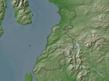 Güney Ayrshire, İskoçya bölgesi - Büyük Britanya. Yükseklik haritası göller ve nehirlerle wiki stilinde renklendirilmiştir