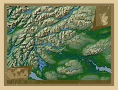 Stirling, İskoçya bölgesi - Büyük Britanya. Gölleri ve nehirleri olan renkli yükseklik haritası. Bölgenin büyük şehirlerinin yerleri. Köşedeki yedek konum haritaları
