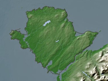 Anglesey Adası, Galler Bölgesi - Büyük Britanya. Yükseklik haritası göller ve nehirlerle wiki stilinde renklendirilmiştir