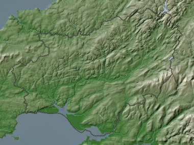 Carmarthenshire, Galler bölgesi - Büyük Britanya. Yükseklik haritası göller ve nehirlerle wiki stilinde renklendirilmiştir
