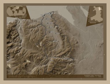 Denbighshire, Galler Bölgesi - Büyük Britanya. Yükseklik haritası sepya tonlarında göller ve nehirlerle renklendirilmiş. Bölgenin büyük şehirlerinin yerleri ve isimleri. Köşedeki yedek konum haritaları